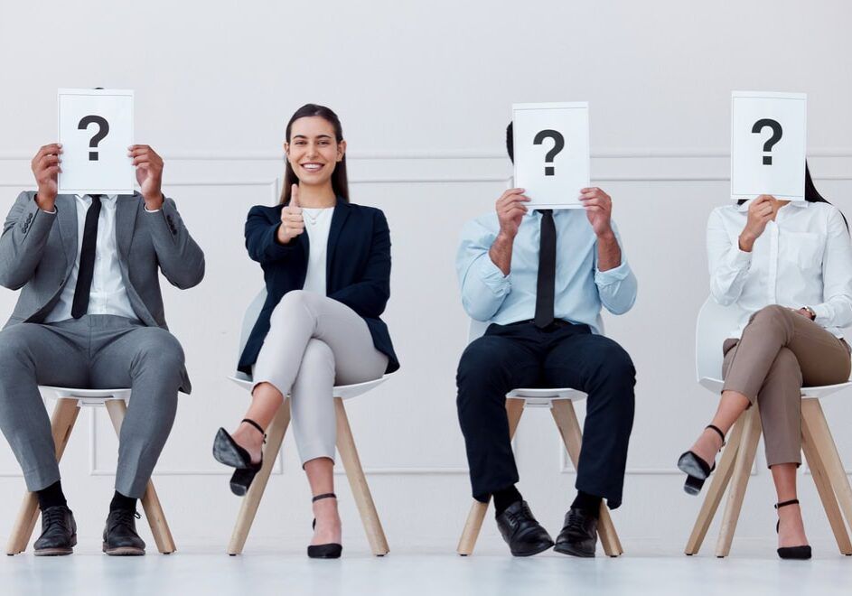 Recruitment, question mark and thumbs up business woman with smile in hiring, interview or feedback review in workplace. Question, ok and yes from employee for thank you, welcome and success teamwork.